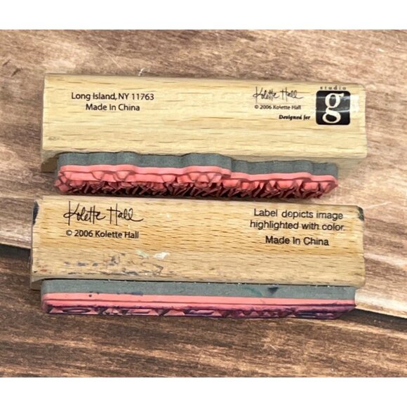 2006 STUDIO G HELLO & THANKS WOOD MOUNTED RUBBER STAMP SET OF 2 BY KOLETTE HALL - Picture 5 of 7